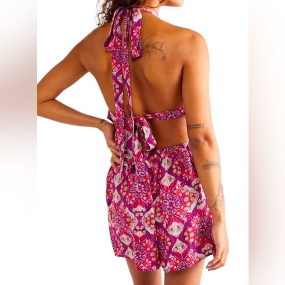 NWOT Free People Coral Tides Halter Style Shorts Romper Medium